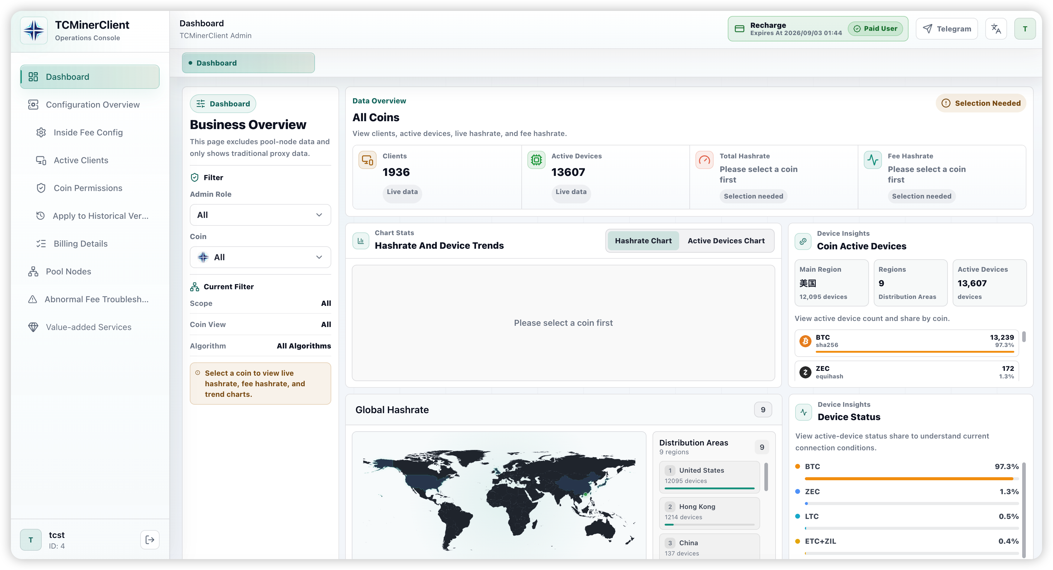Preview of the custom TCMinerProxy admin dashboard statistics